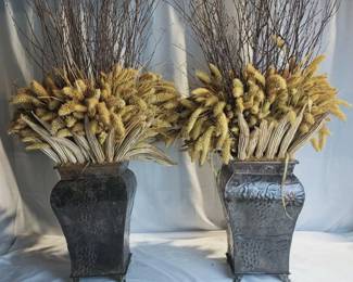 Lovely Pair of Dried Floral Arrangements in Metal Vases