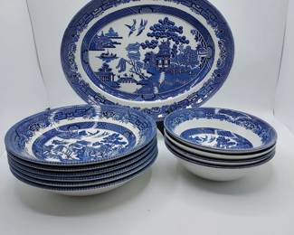 Mixture of Churchill and Johnson Bros Blue Willow Dinnerware Pieces