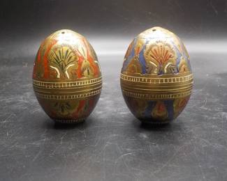 Pair of Collectable Brass Eggs Decorated with Red White Blue