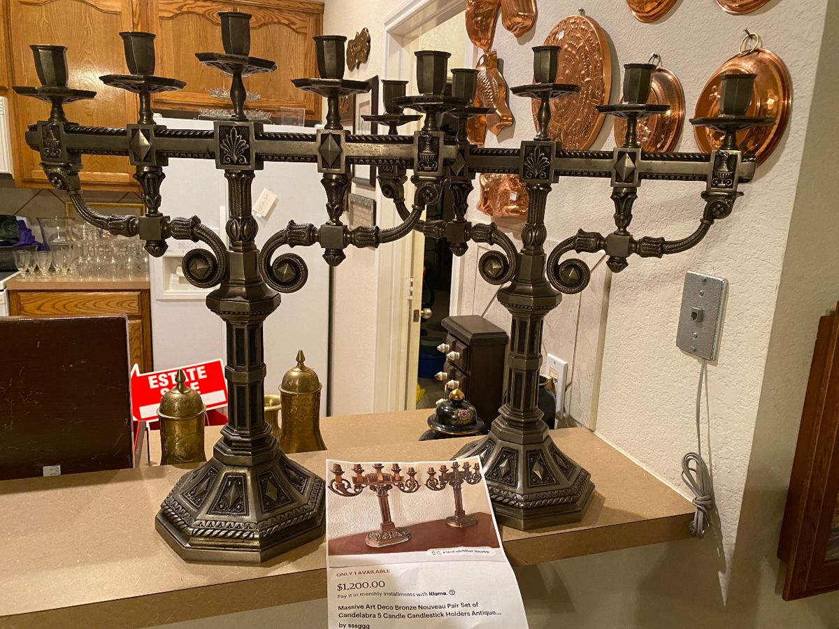 This set of chandeliers are very heavy! When I acquired them I was given a description on paper but lost it but they came from a Spanish church in Spain by a military family. They are heavy and solid metal. Not sure exactly the type of metal but does not turn color. Very ornate and beautiful as you can see on the picture.