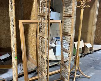 WICKER SHELVES AND WOODEN HAT RACK