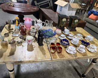 ASSORTED CUPS AND SAUCERS, VASES, ETC