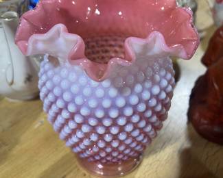 FENTON CRANBERRY OPALESCENT HOBNAIL VASE