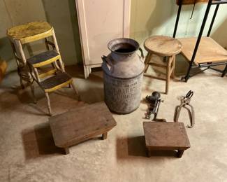 MILK CANS , STOOLS