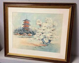 Japanese Painting on Silk Pagoda