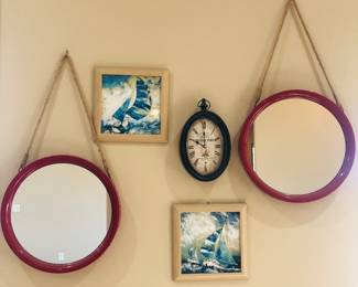 Home decor red mirrors, vintage clock and artwork available as wall set or sold separately as by piece. 