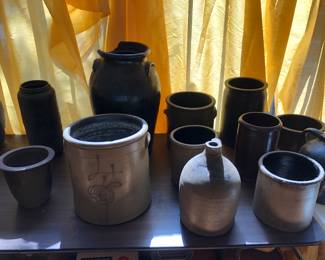 Antique American stoneware crocks many as is