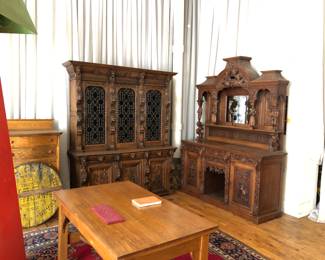 2 wonderful antique oak pieces large & heavily carved probably Belgium ca. 1880. Sideboard & a cupboard with stain glass panels 