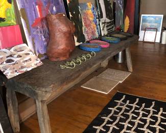 92” long very primitive butcher block bench or low table