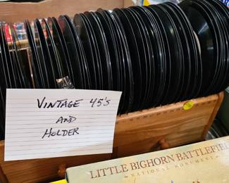 VINTAGE 45 RECORDS AND WOODEN HOLDER