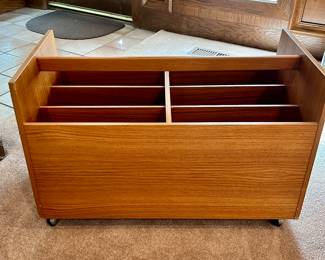 #8- Danish modern rolling record / magazine caddy by Bruksbo- 26.75w x 14d x 16.5t-$250