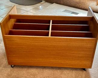 #8- Danish modern rolling record / magazine caddy by Bruksbo- 26.75w x 14d x 16.5t- $250