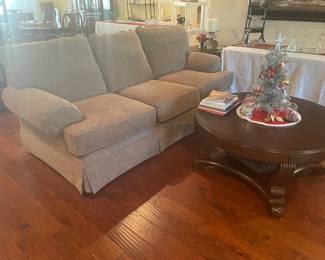 like new light brown name brand  3 cushion sofa-   coffee table and end table that match also 