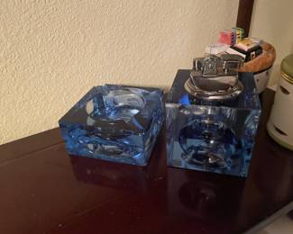 retro blue glass lighter and ash tray set  rare find 