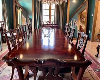MAHOGANY BANQUET CHIPPENDALE TABLE AND CHAIRS