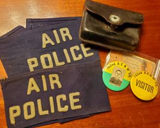 Air Force Air Police arm bands, badges, license, & US field EMS belt clip