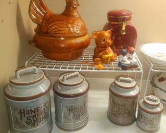 California pottery hen on nest casserole/soup toureen, Home Sweet Home canister set, bear honey holder, & more