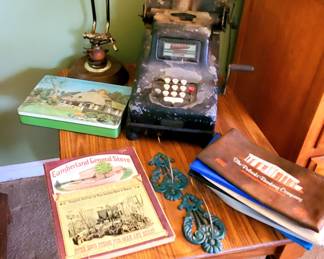 Vintage adding machine, receipt holders, desk lamp, banking bags, & more
