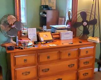 Dresser with mirror, GE fan (works), & more