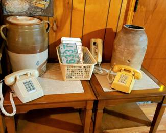 4 gallon pottery crock/churn, another large pottery crock, vintage telephones, license plates, matching marble top end tables. 