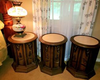 Three marble top end tables, hurricane lamp