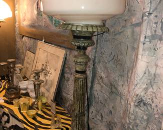 Pair of antique iron lamps with religious motif at base