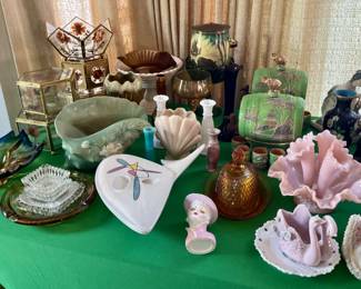 MCM dish.  Small head vase. Roseville planter.  Sake barrels. Fenton.