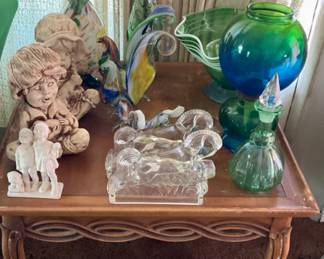 Glass horse bookends.  Glass clown decanter.
