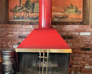 MCM wall hanging.  Glass pieces. Brandy snifters. Brass fireplace accessories. (* Fireplace not for sale.)