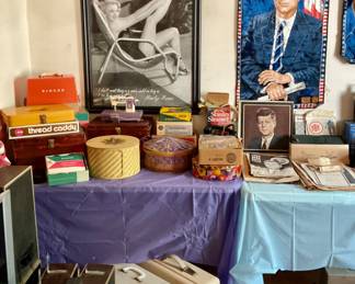 Sewing machines, sewing caddies, Marilyn Monroe print, JFK tapestry & memorabilia.