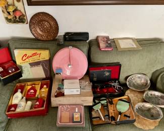 Vintage hairdryer, Old Spice, abalone, vintage massager, Chanel powder, Dolce & Gabbana cologne, Cognac cologne & glass.