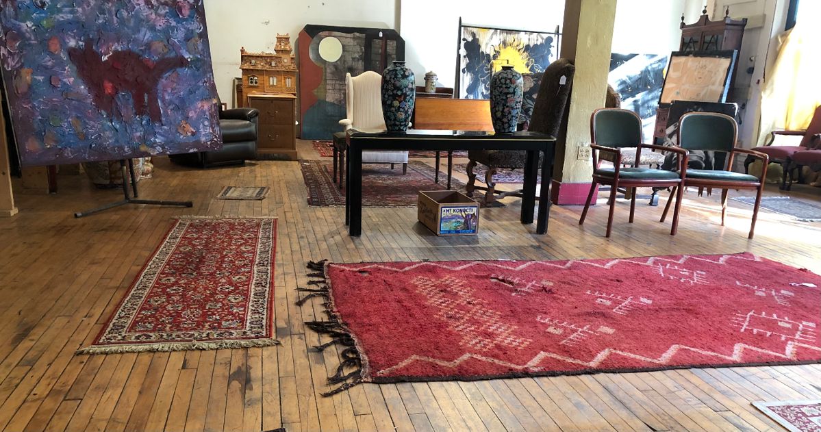 20,000 sq. ft. art gallery, warehouse, living-loft space, filled with art, books, oriental & Persian rugs, antiques etc.
Black console table and doll house are sold!  