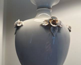 Tall white porcelain lamp with embellished roses