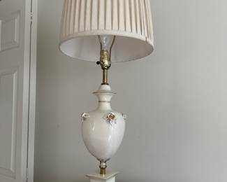 Tall white porcelain lamp with embellished roses