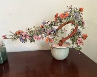 Vintage Chinese Glass/Wood Faux Bonsai Tree