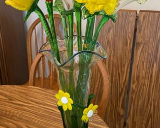 Hand blown art glass vase with flowers