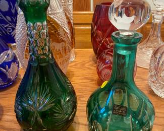 Hand Cut Lead Crystal Decanters in Emerald Green
