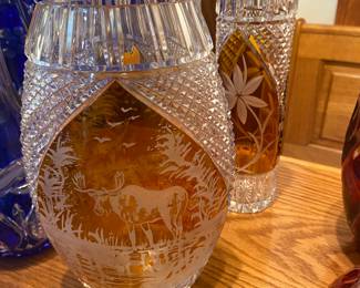 Hand Cut Lead Crystal Vases with Moose and Flower; in Amber