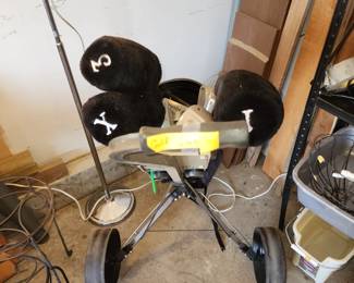 Golf clubs and caddy