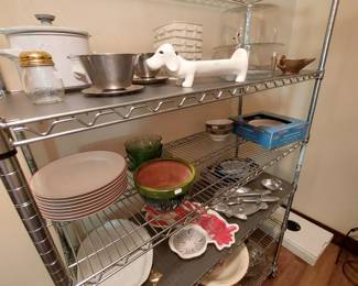 Dishes, platters; metal shelving unit for sale, too!