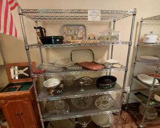Dishes, platters; metal shelving unit is for sale, as well!