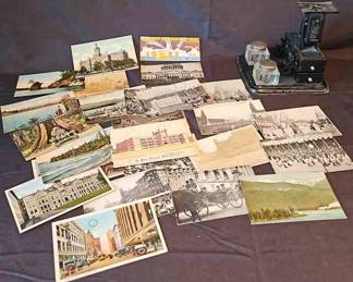 Collection Of Post Cards And Victorian Postal Scale With Double Ink Well