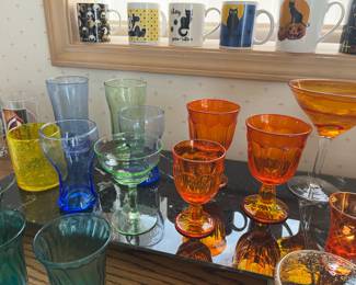 Orange Goblets -  2 Large, 1 Small, Assortment of Colorful Glasses