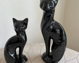 Pair of  Mid Century Black Porcelain Cat Sculptures