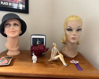 Two 1950's Mannequin Heads, Black Felt Cloche Hat, 1940’s Bathing Beauty Figurine,  Bisque Half Doll Pincushion Top