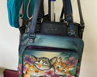 Anuschka Three Kitten Hand Painted Leather Purse, Stone Mountain Black Leather Purse