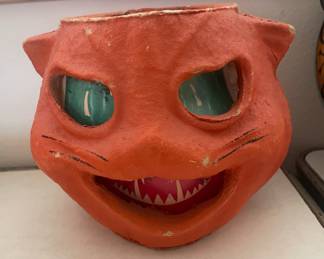 Halloween Paper Mache Jack O'Lantern Cat Candy Container