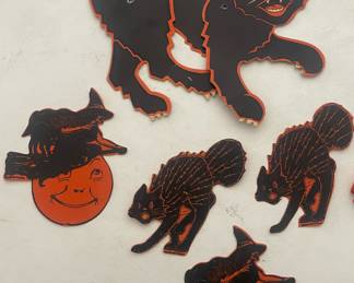 1960's Die Cut Cardboard Jointed Black Cat , Assortment of Small Die Cut Cardboard Halloween Decor