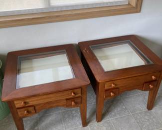 Pair of Glass Top End Tables with Drawers