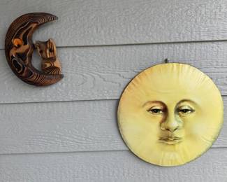 Moon Man Wall Decor, 1970s Carved Wood Crescent Moon Owl